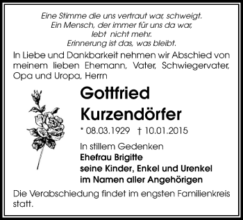 Todesanzeige von Gottfried Kurzendörfer von Oberes Vogtland