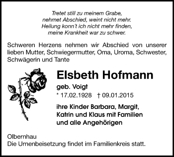 Todesanzeige von Elsbeth Hofmann von Marienberg
