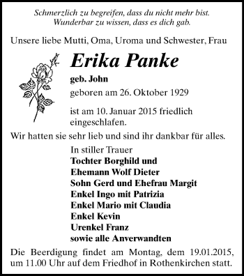Todesanzeige von Erika Panke von Auerbach