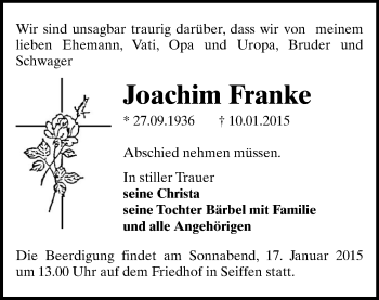Todesanzeige von Joachim Franke von Marienberg