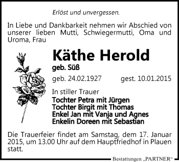 Todesanzeige von Käthe Herold von Plauen
