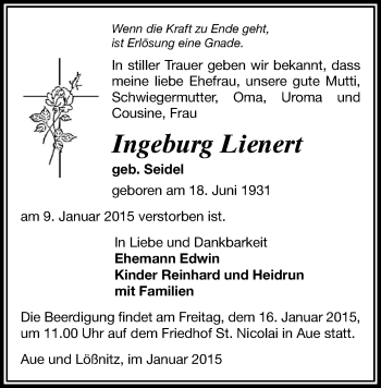 Todesanzeige von Ingeburg Lienert von Aue