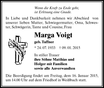 Todesanzeige von Marga Voigt von Zwickau