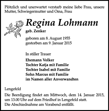 Todesanzeige von Regina Lohmann von Marienberg