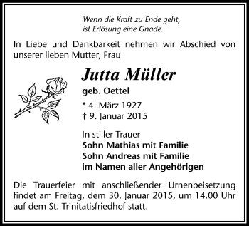 Todesanzeige von Jutta Müller von Stollberg