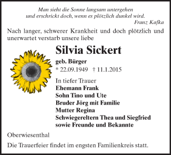 Todesanzeige von Silvia Sickert von Annaberg