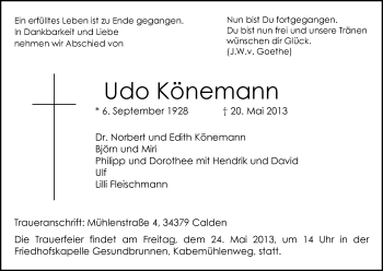 Todesanzeige von Udo Könemann von HNA