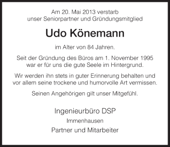 Todesanzeige von Udo Könemann von HNA