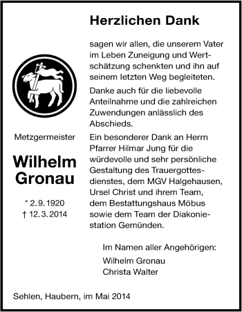 Todesanzeige von Wilhelm Gronau von HNA