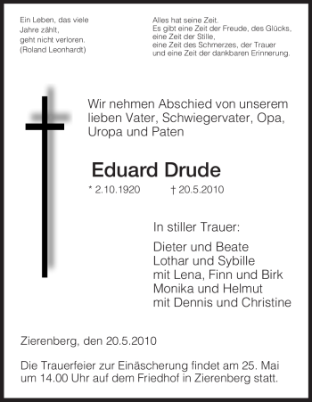 Todesanzeige von Eduard Drude von HNA