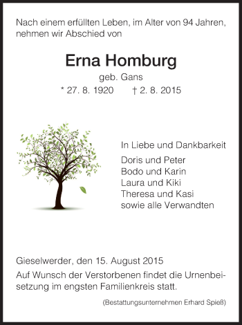 Todesanzeige von Erna Homburg von HNA