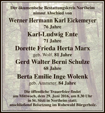 Todesanzeige von Der ökumenische Bestattungskreis Northeim nimmt Abschied von von HNA