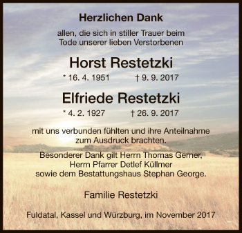 Todesanzeige von Horst und Elfriede Restetzki von HNA