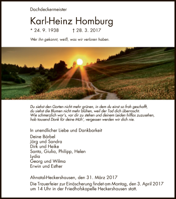 Todesanzeige von Karl-Heinz Homburg von HNA