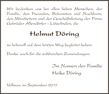 Todesanzeige von Helmut Döring von HNA