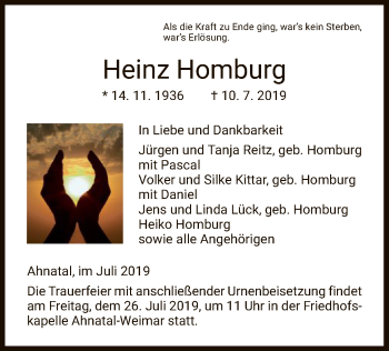 Todesanzeige von Heinz Homburg von HNA