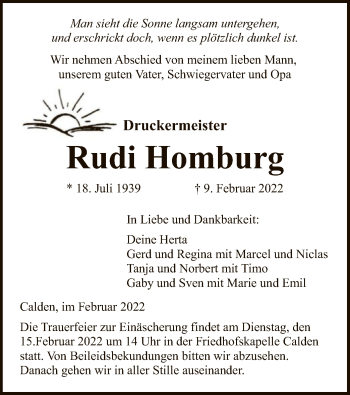 Todesanzeige von Rudi Homburg von HNA