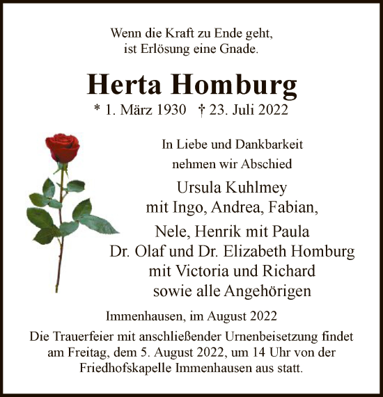 Todesanzeige von Herta Homburg von HNA