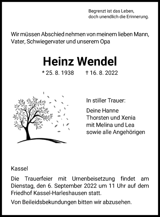 Todesanzeige von Heinz Wendel von HNA