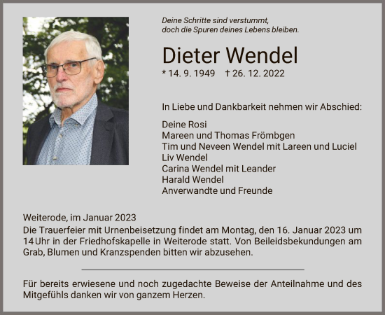Todesanzeige von Dieter Wendel von HNA