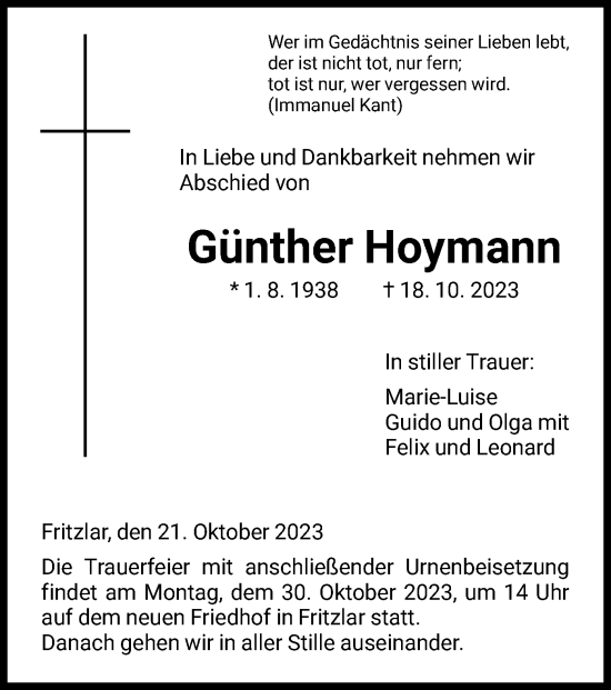 Todesanzeige von Günther Hoymann von HNA
