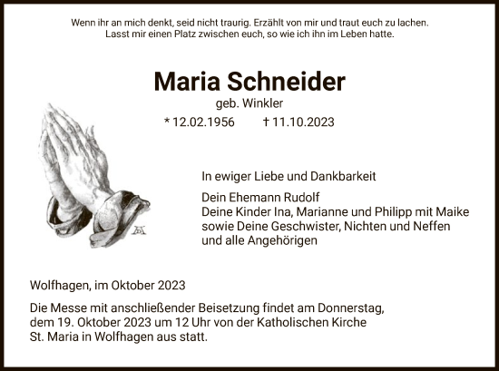 Todesanzeige von Maria Schneider von HNA