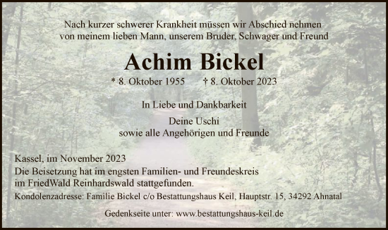 Todesanzeige von Achim Bickel von HNA