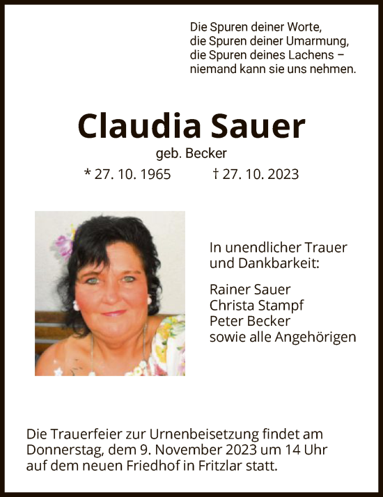 Todesanzeige von Claudia Sauer von HNA