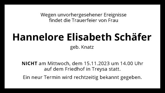 Todesanzeige von Hannelore Elisabeth Schäfer von HNA