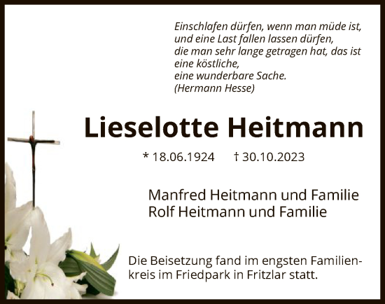 Todesanzeige von Lieselotte Heitmann von HNA