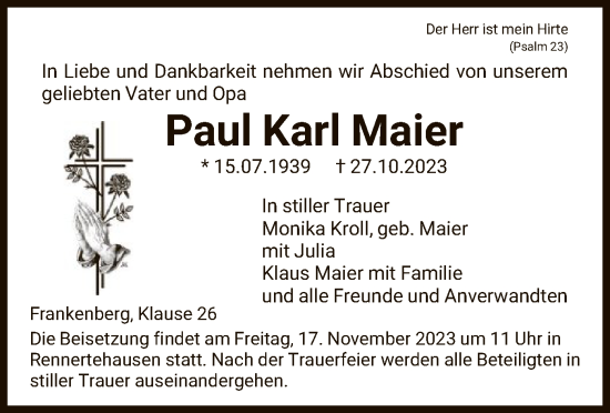 Todesanzeige von Paul Karl Maier von HNA