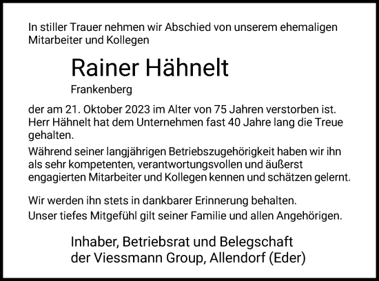 Todesanzeige von Rainer Hähnelt von HNA