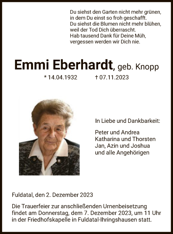 Todesanzeige von Emmi Eberhardt, von HNA