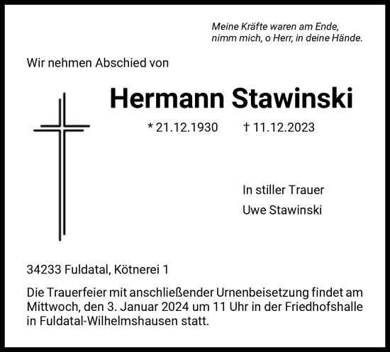 Todesanzeige von Hermann Stawinski von HNAHNA