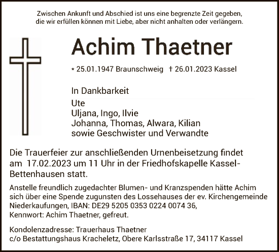 Todesanzeige von Achim Thaetner von HNA