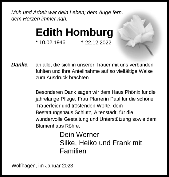 Todesanzeige von Edith Homburg von HNA