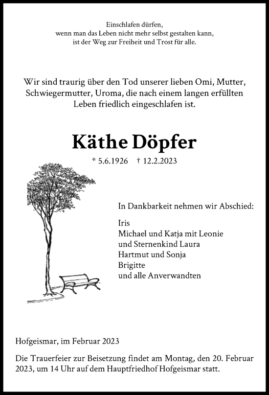 Todesanzeige von Käthe Döpfer von HNA