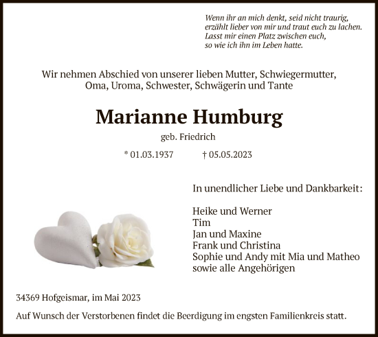 Todesanzeige von Marianne Humburg von HNA