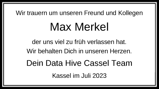 Todesanzeige von Max Merkel von HNA