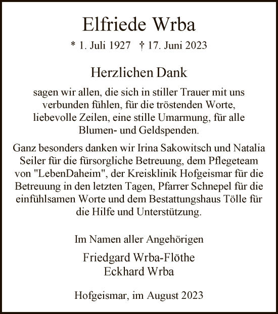 Todesanzeige von Elfriede Wrba von HNA