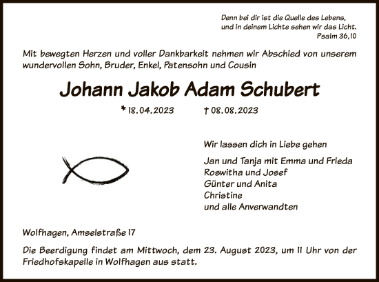 Todesanzeige von Johann Jakob Adam Schubert von HNA