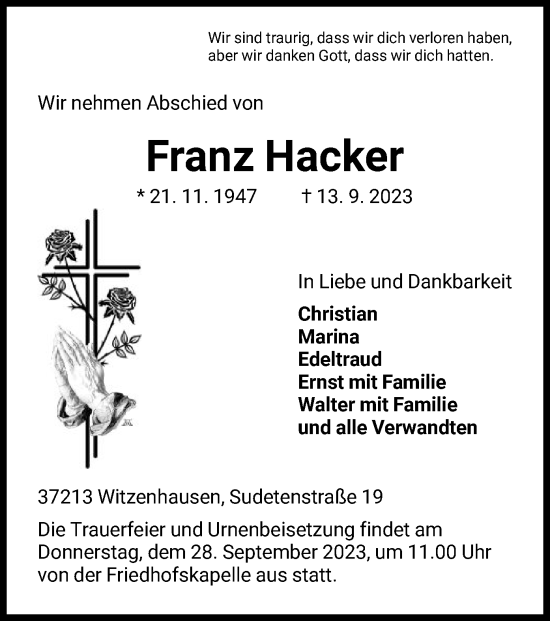 Todesanzeige von Franz Hacker von HNA