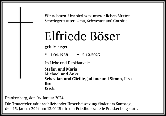 Todesanzeige von Elfriede Böser von HNA