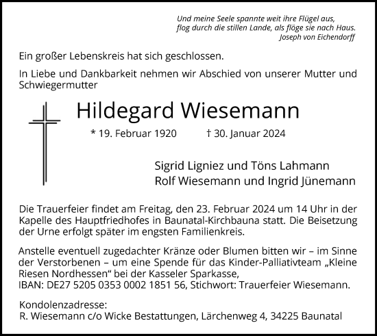 Todesanzeige von Hildegard Wiesemann von HNA