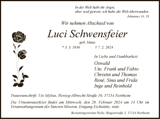 Todesanzeige von Luci Schwensfeier von HNA