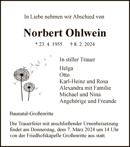 Todesanzeige von Norbert Ohlwein von HNA