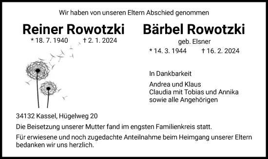 Todesanzeige von Reiner und Bärbel Rowotzki von HNA