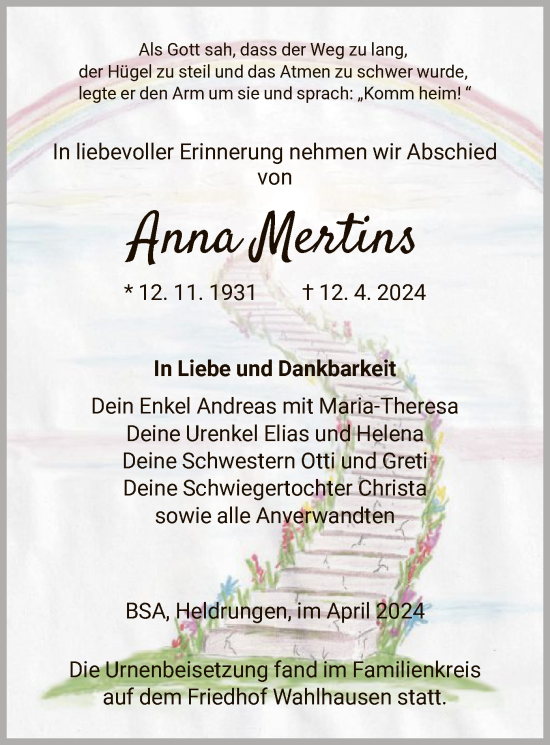Todesanzeige von Anna Mertins von HNA
