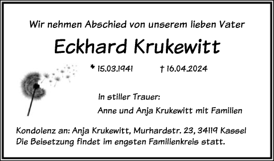 Todesanzeige von Eckhard Krukewitt von HNA