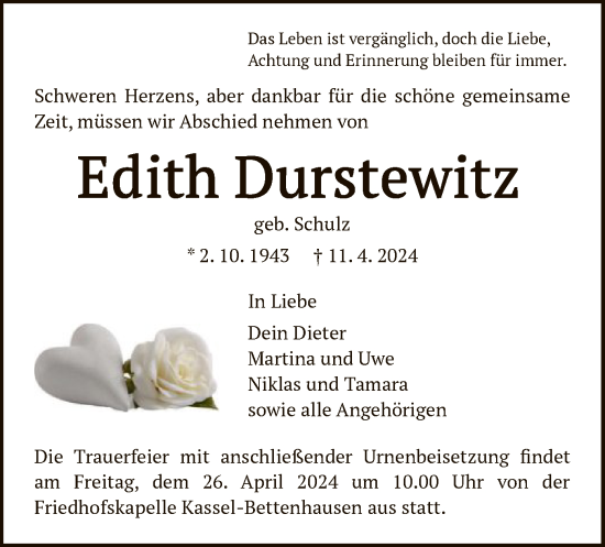 Todesanzeige von Edith Durstewitz von HNA